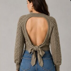 Camila Coelho Cable Knit Sweater Womens Large Taupe Backless Tie Cropped Boho